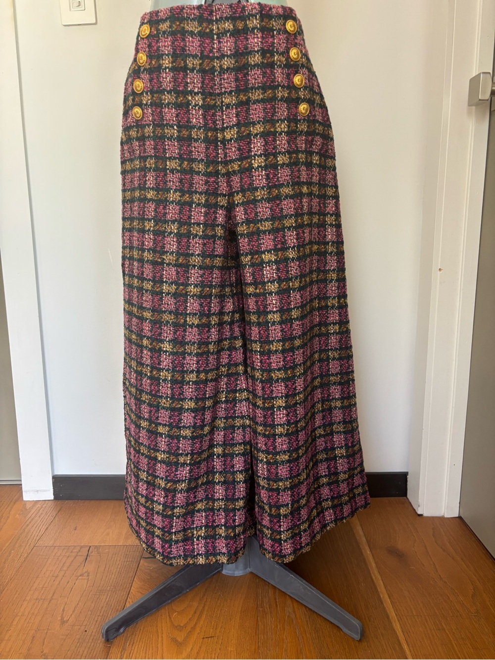 Prosperina Dietrich Pink Plaid Tweed High Rise Wide Leg Cropped Pants S NWT